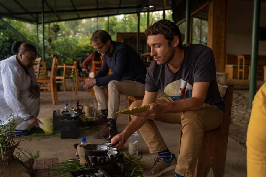 Ethiopia coffee cupping class/Ethiopian food injera making - Lunch with shiro, misir wot, and handmade bread